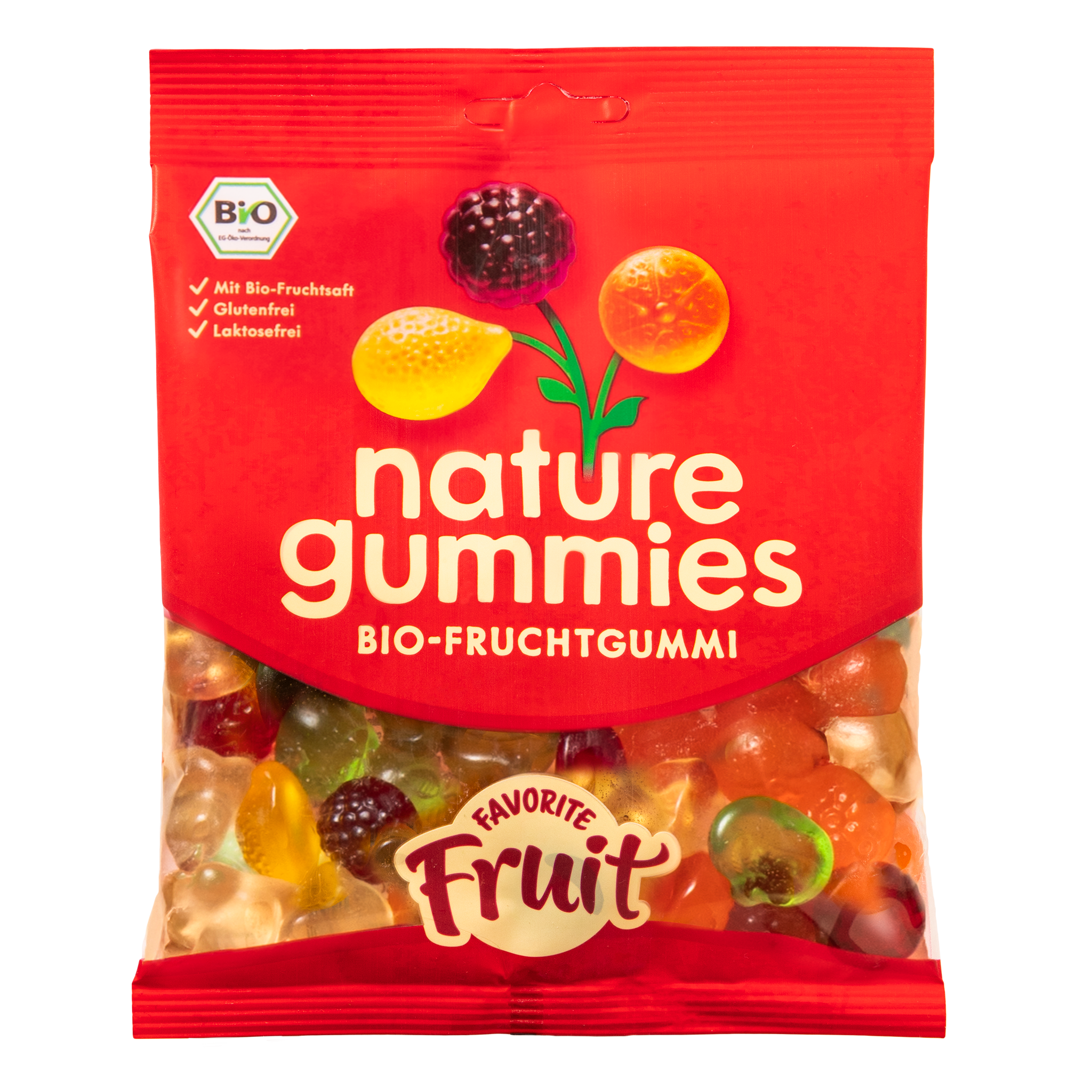 Packung nature gummies Favorite Fruit – Bio-Fruchtgummis mit natürlichen Bio-Zutaten. Unsere Lieblingsfrüchte in einer Packung.