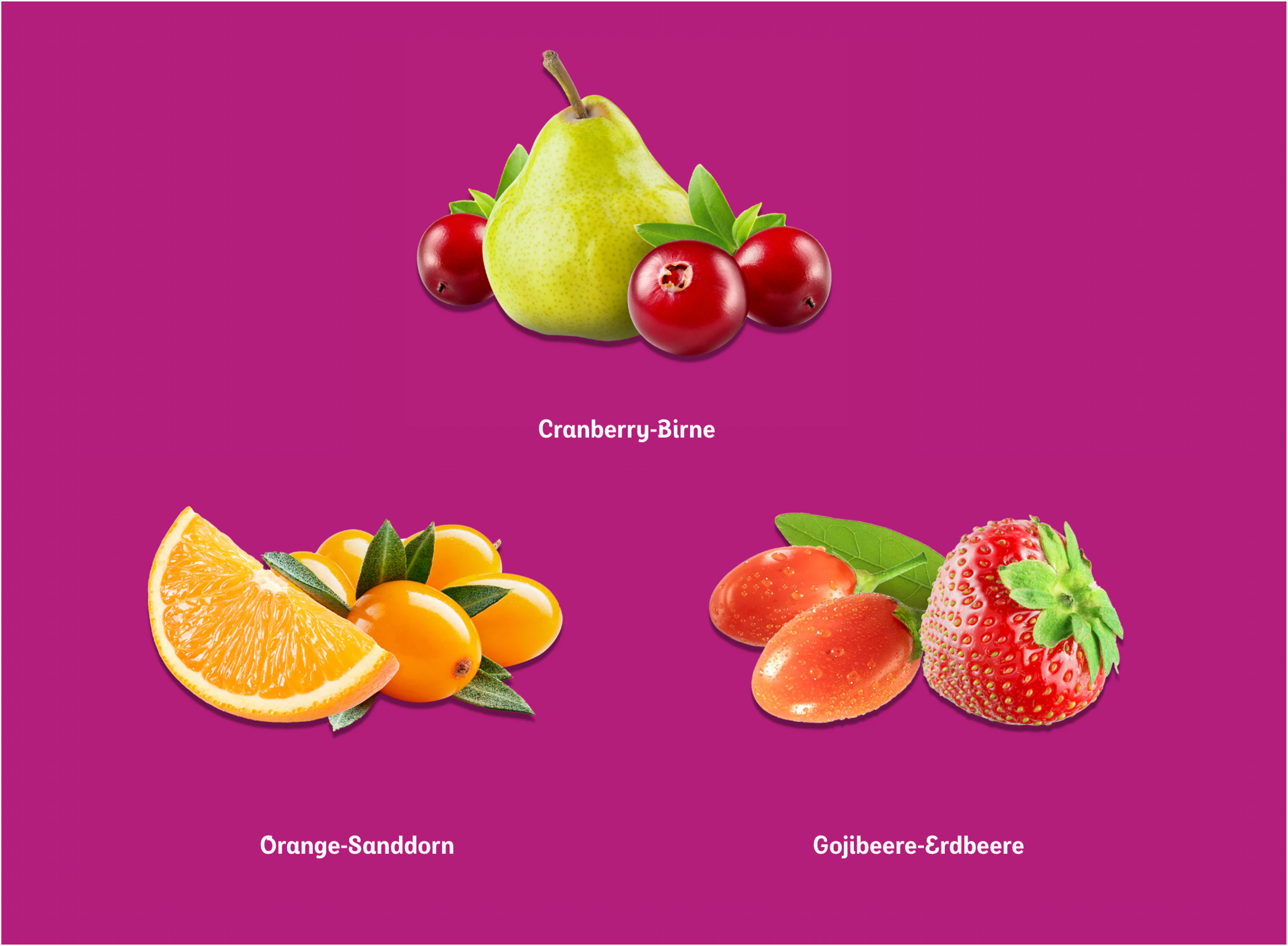 Drei fruchtige Simply Super Geschmackskombinationen: Cranberry-Birne, Orange-Sanddorn und Gojibeere-Erdbeere.