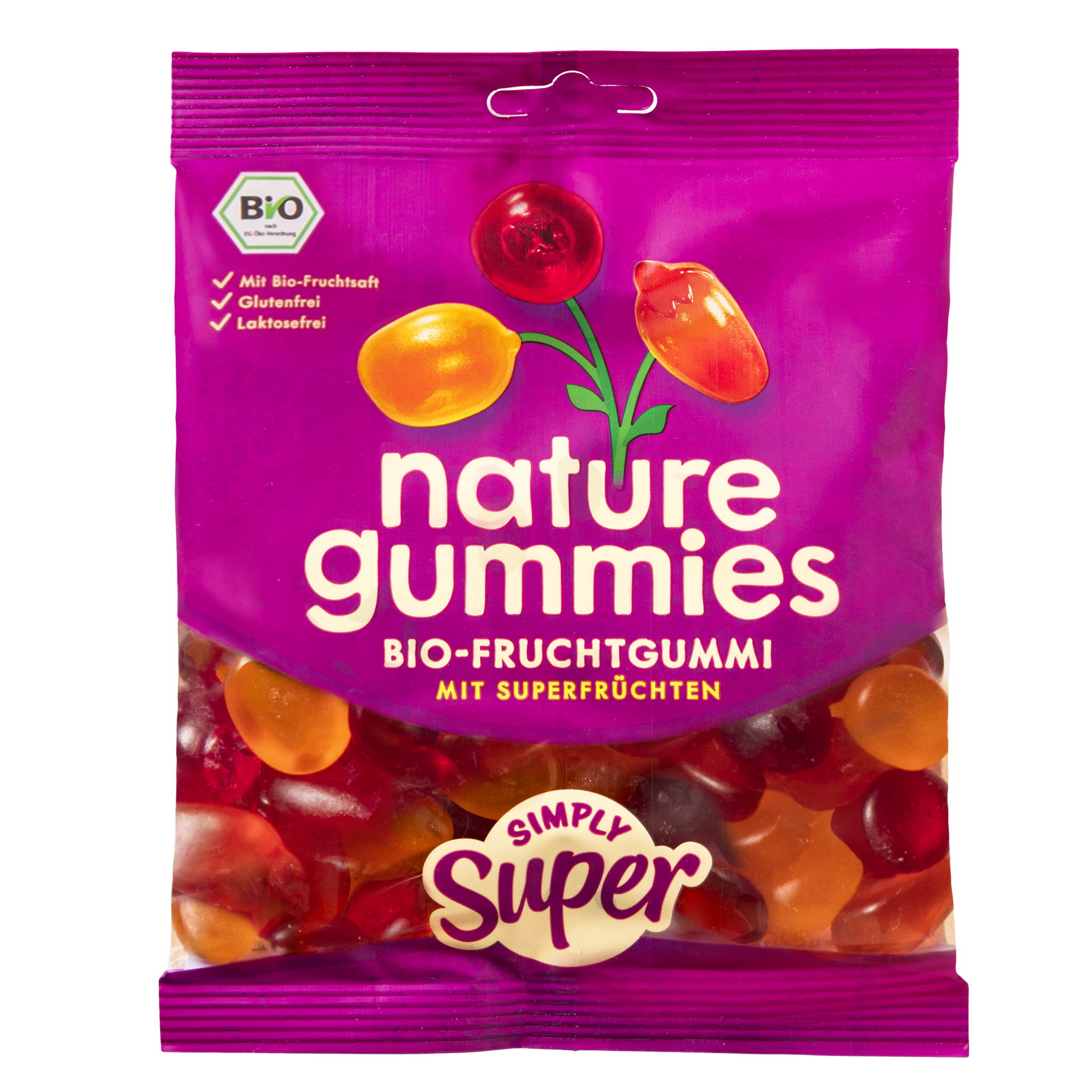 Packung nature gummies Simply Super – Bio-Fruchtgummis mit natürlichen Bio-Zutaten. Mit erlesenen Superfrüchten.