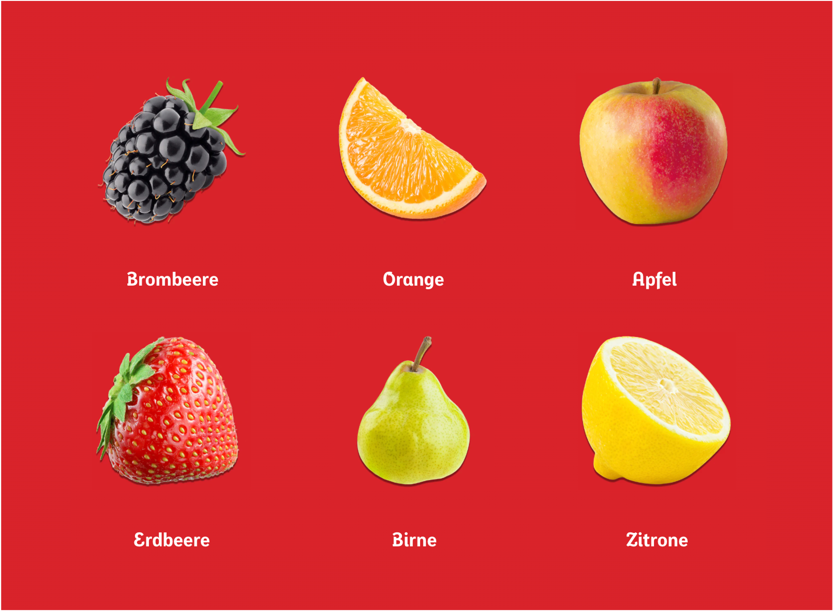 Sechs fruchtige Favorite Fruit Geschmacksrichtungen: Brombeere, Orange, Apfel, Erdbeere, Birne und Zitrone.