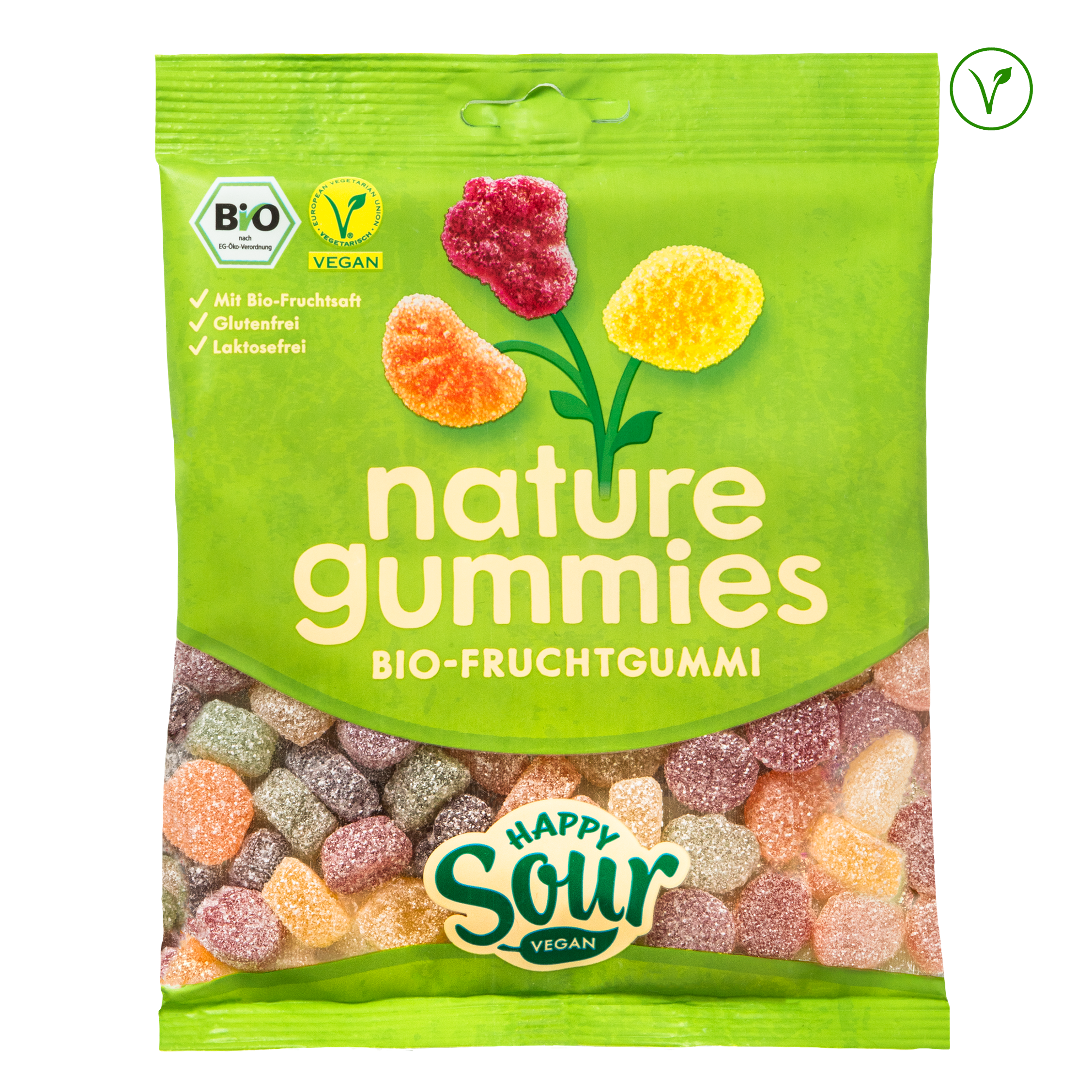 Packung nature gummies Happy Sour – Bio-Fruchtgummis mit natürlichen Bio-Zutaten. Rein pflanzlich / vegan und sauer im Geschmack.