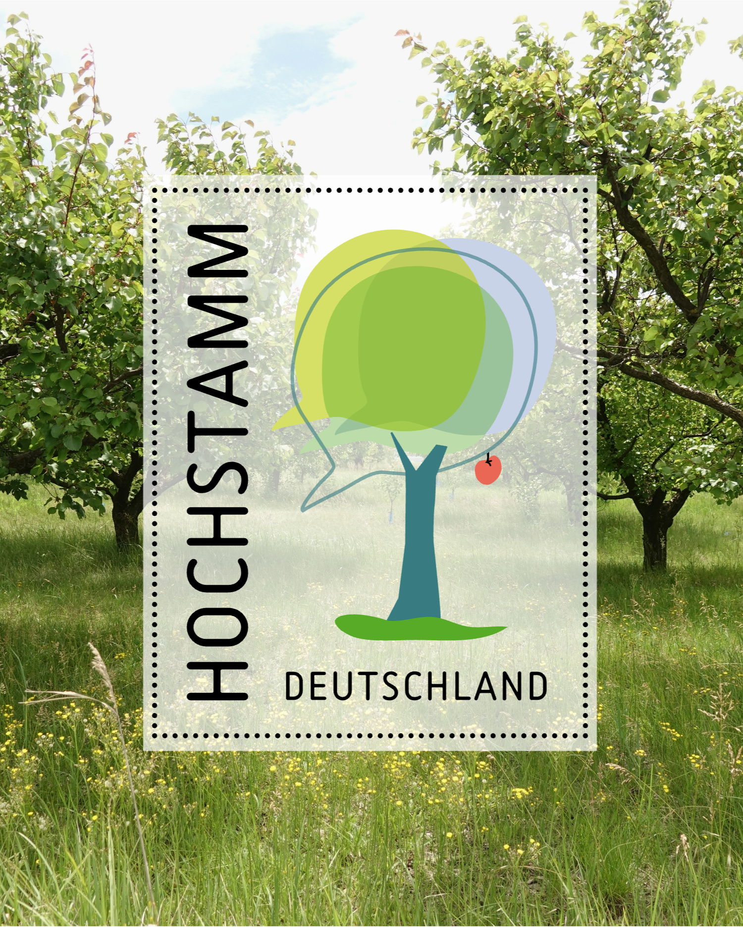 Logo Hochstamm Deutschland, eingebettet in einem Bild einer Streuobstwiese